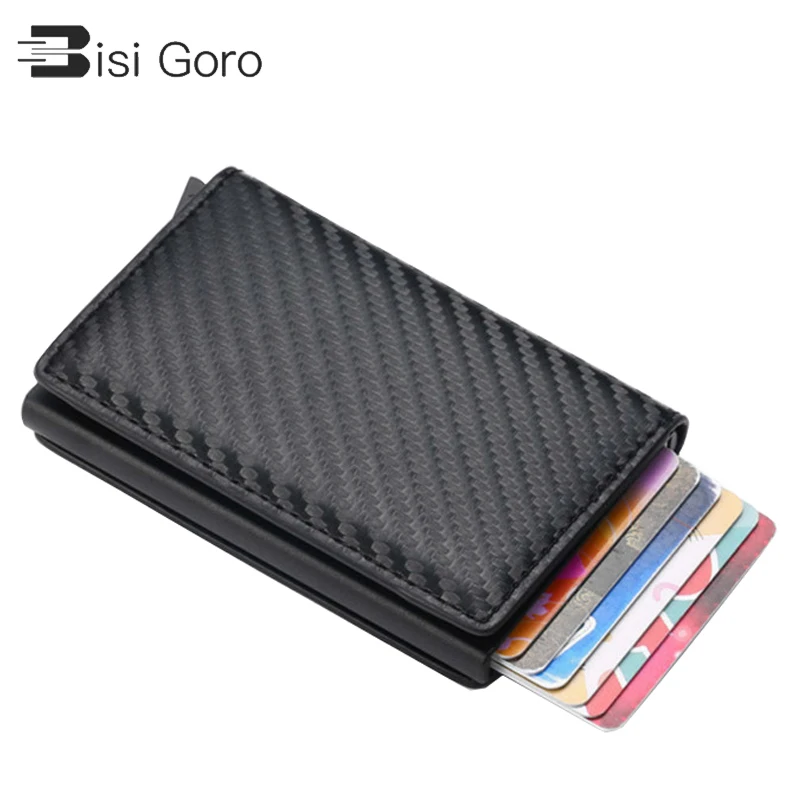 

BISI GORO Men Vintage Blocking Rfid Wallet PU Leather Antitheft Credit Card Holder Unisex Security Information Aluminum Purse