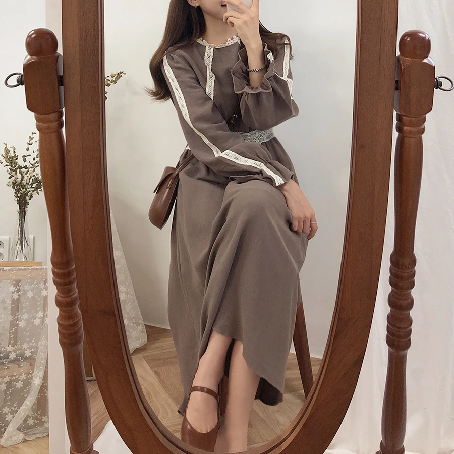 Винтажные Хлопковые женские платья модная осенне зимняя базовая одежда