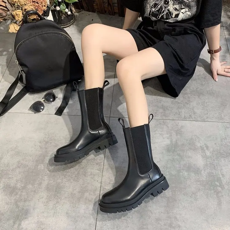 Boots Female Women Shoes Mid Calf Autumn British Style Leather Platform Thick with Short Boots Black Motorcycle Martin Boots Hot