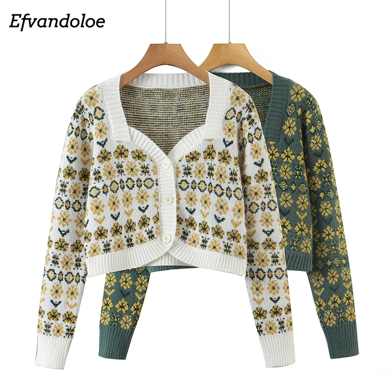 

Женские вязаные свитера с длинным рукавом 2021, укороченные кардиганы с квадратным воротником и цветочным принтом, женские свитера