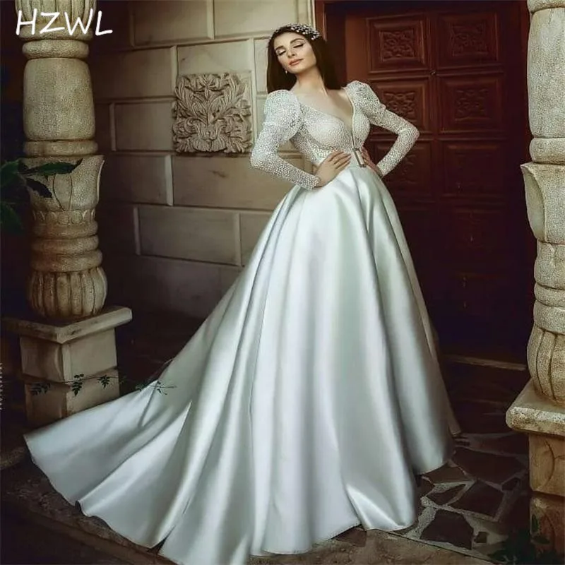 

Очаровательные свадебные платья в стиле нарукавников, весна-лето 2021, кружевные и атласные свадебные платья с длинным рукавом, платья Саудов...