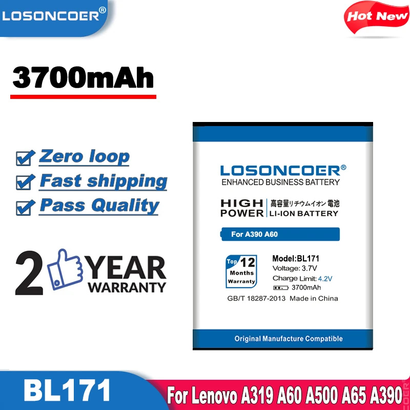 LOSONCOER 3700mAh BL171 BL 171 Высококачественная батарея для телефона Lenovo A60 A500 A65 A390 A368 A390T A319