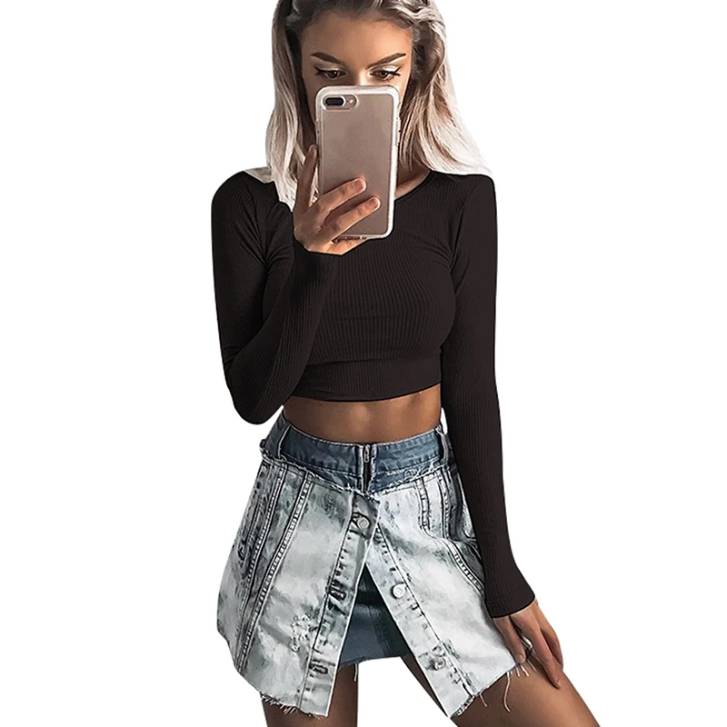 

2021 Autumn Fashion Women Slim Soft Elastic Crop Long Sleeve Tops Elegant Black O-neck Casual Short T-Shirts