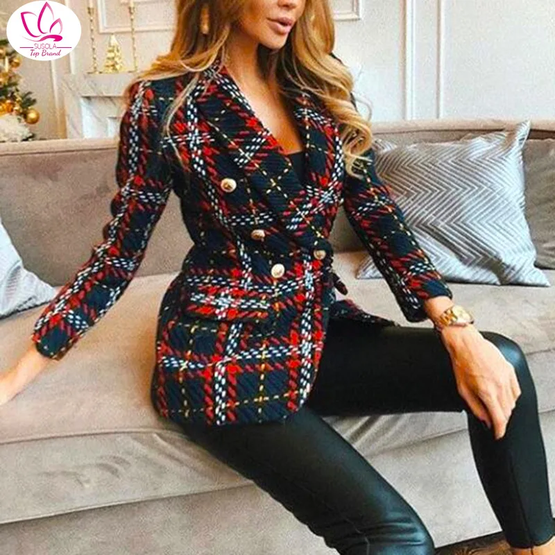 

Red Plaid Blazer 2020 Women Spring-Autumn Vintage Tweed Suits Jackets Office Ladies Chic Slim Blazers Girls Tassel Tops Set Coat