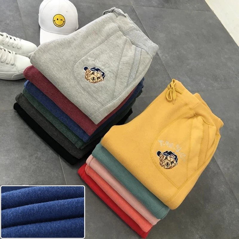 

Женские бархатные шаровары с мультяшной вышивкой, зимние повседневные спортивные брюки, теплые свободные разноцветные брюки для бега, 2021