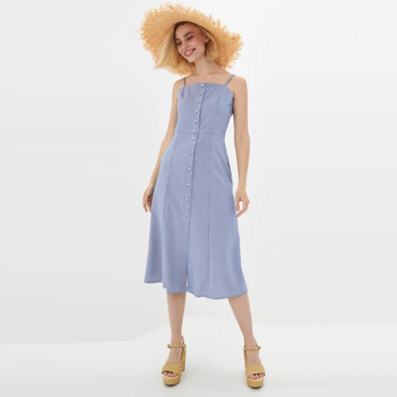 

Women Casual Blue Spaghetti Strap A-line Dress Single Breasted Sleeveless Sheath Split Fork Long Dress 2021 New Fashion Dress