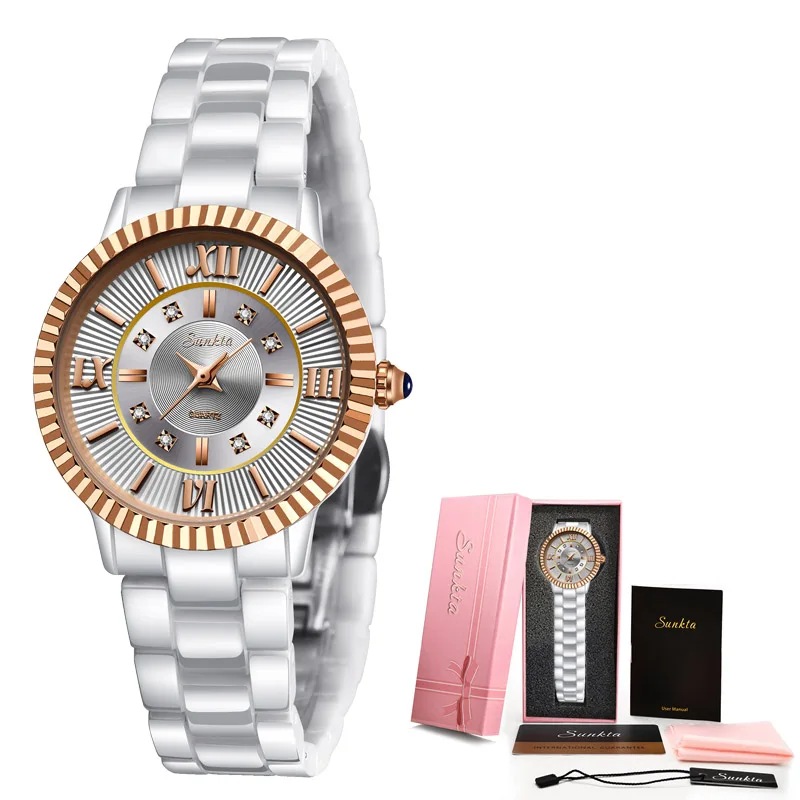 

SUNKTA Women Watches Top Quality Ladies Rhinestone Watch Luxury Rose Gold Black Ceramic Waterproof Watches Woman Classic Series