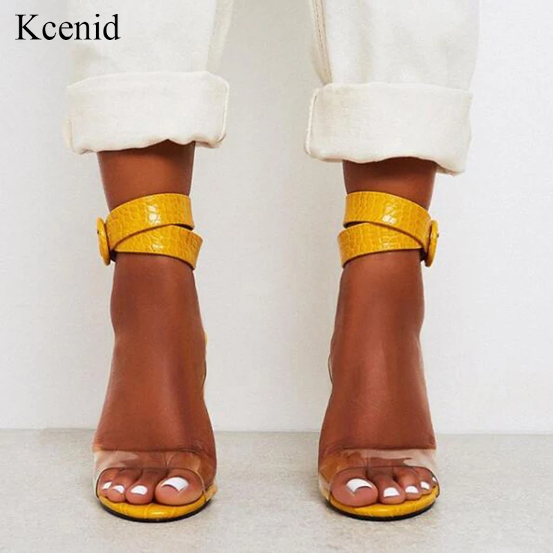 Женские босоножки на высоком каблуке Kcenid желтые прозрачные ремешке с пряжкой