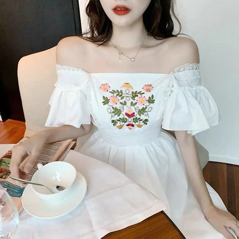 

French style women long dresses slim summer girl dress white