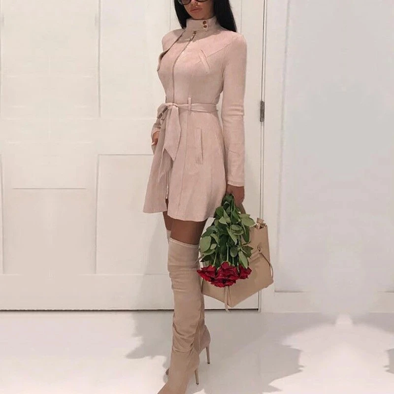 

2020 ladies casual belt suede windbreaker casual leather pocket long women's autumn coat winter warm coat coat women