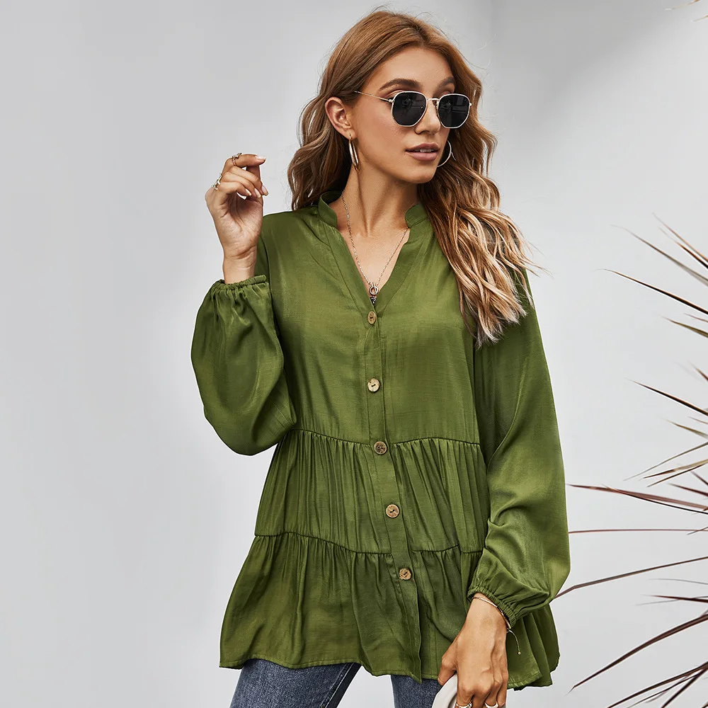 

Women Puff Long Sleeve Shirts Sexy V-Neck Button Down Loose Tunic Tops Solid Color Ruffles Flowy Casual Blouse Streetwear