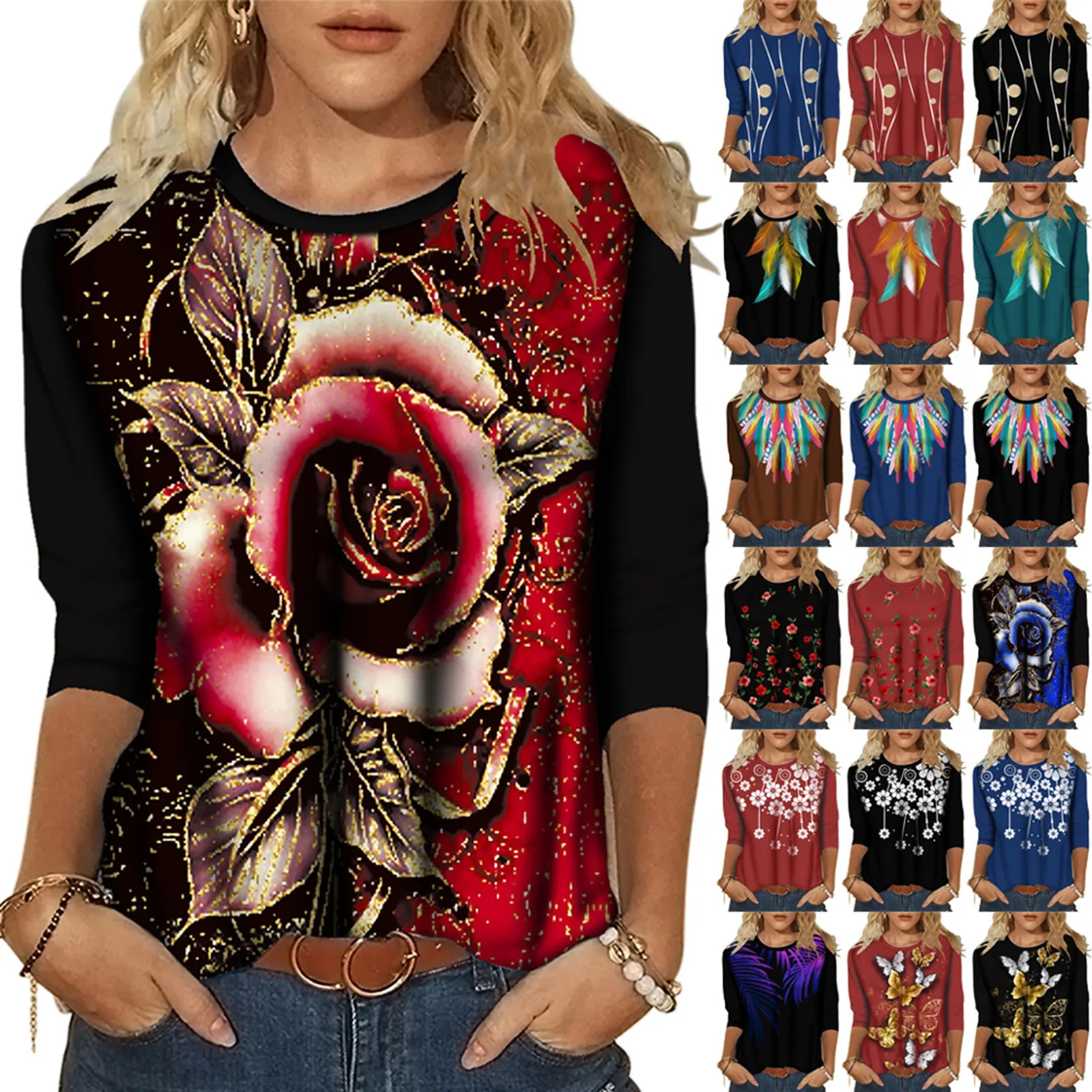 

Women's Round Sleeve Personalized Fashion Retro Long Top Neck Printed T-Shirt Women's T-Shirts