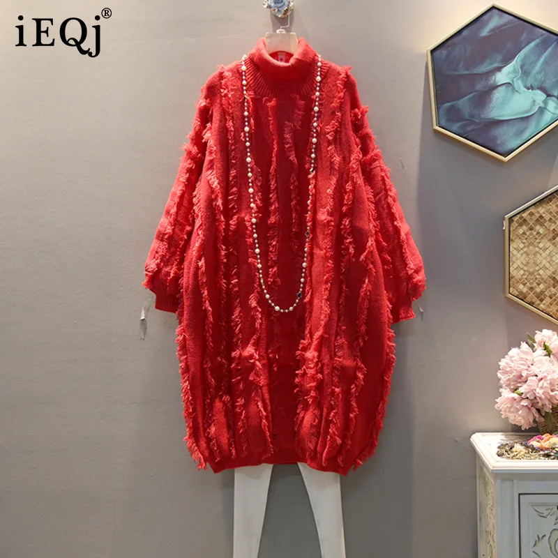 

Новинка 2021, зимняя модная женская одежда IEQJ, водолазка с длинными рукавами и рукавом «летучая мышь», свободное вязаное платье-пуловер с кист...
