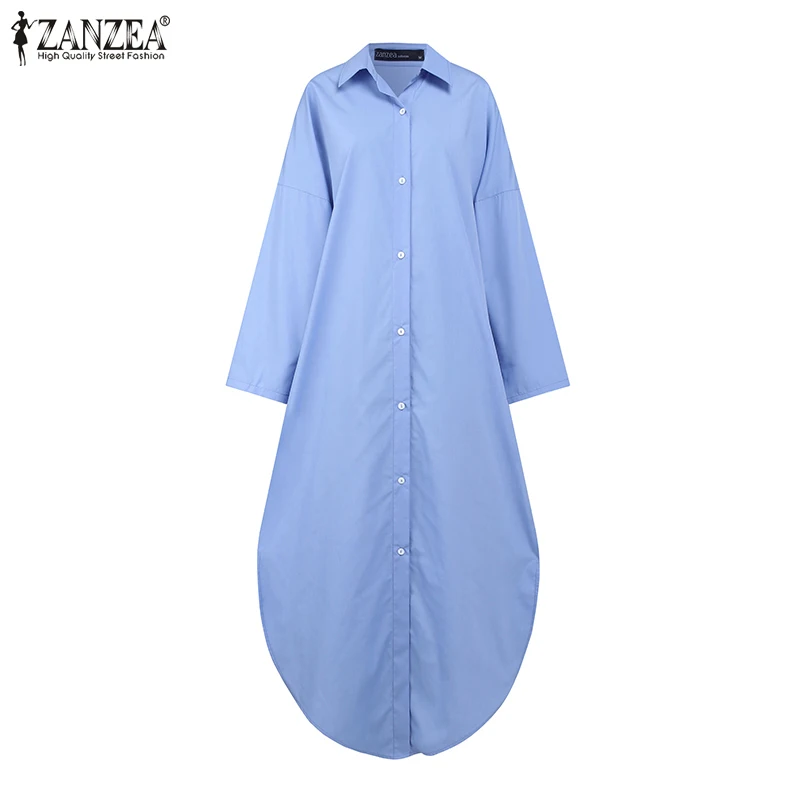 

2021 ZANZEA Sundress Fashion Autumn Long Sleeve Lapel Neck Long Shirt Dress Loose Dresses Casual Solid Split Hem Vestidos Kaftan