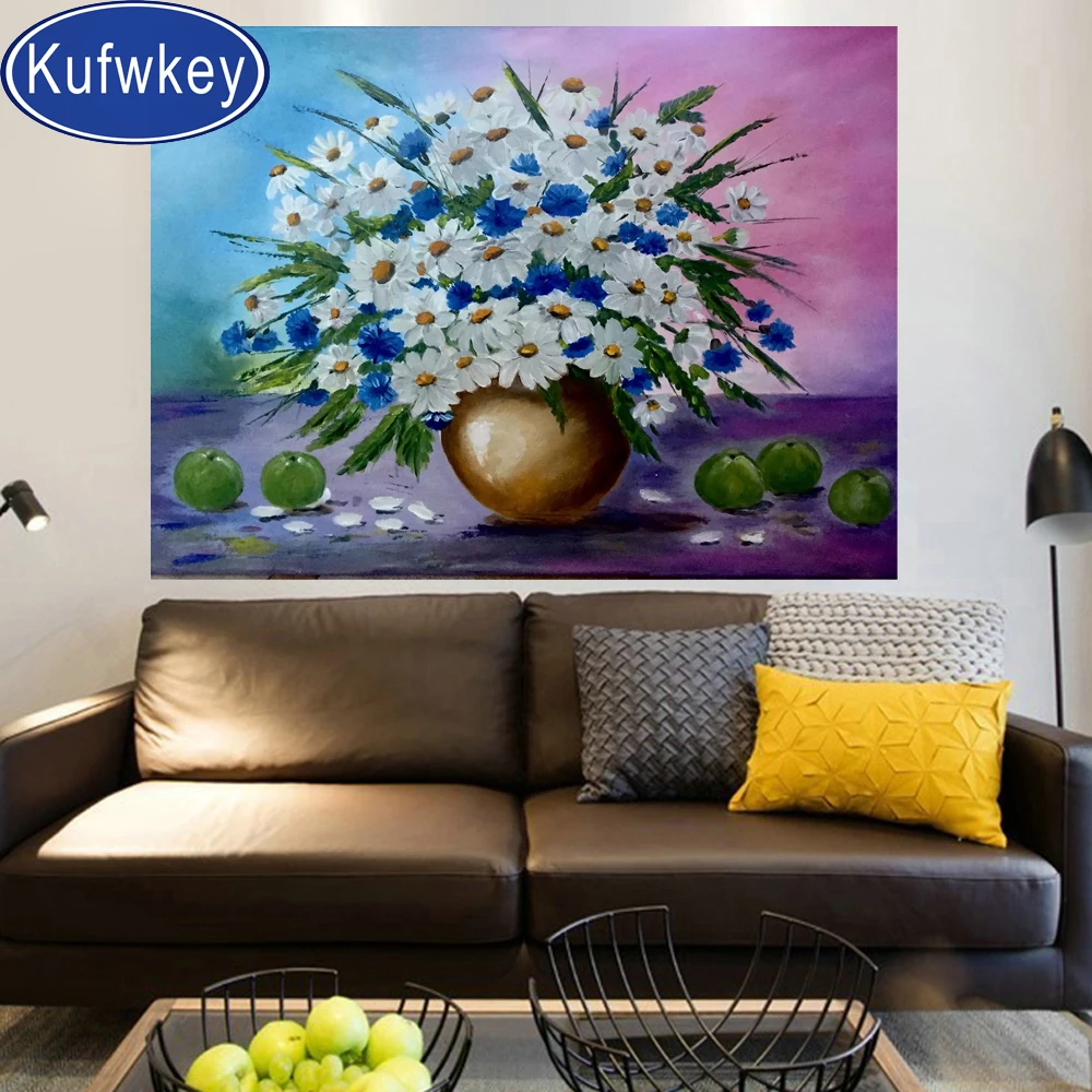 Алмазная вышивка сделай сам крестиком с белыми и синими маргаритками квадратная