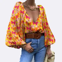 blouses women shirt spring and autumn trend retro butterfly print long sleeve v neck pullover fashion woman blouses 2021