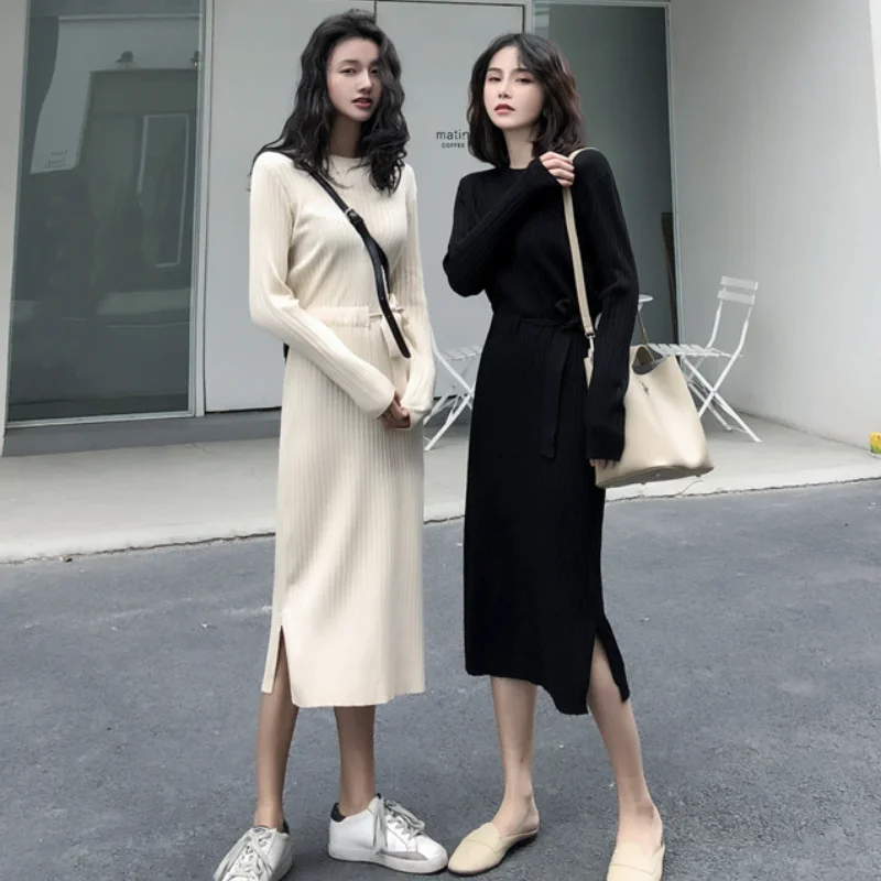

Dresses Women 2021 New Korean Fashion Elegant and Retro All-match Solid Color Round Neck Waist Long Knitted Dress