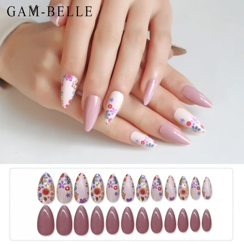 

GAM-BELLE 24Pcs Colorful Flower Pattern Fake Nails Full Cover Long Almond Beauty Artificial False Nails DIY Manicure Nail Tips