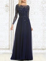 2020 top selling elegant navy blue mother of the bride dresses chiffon see through long sleeve sheer neck appliques sequins
