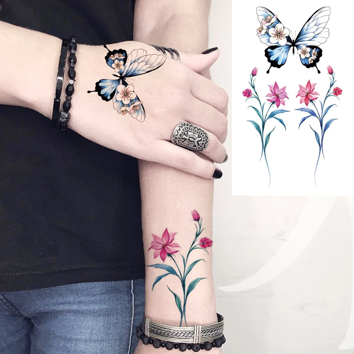 Акварель цветок бабочка временные татуировки для Для женщин и девочек КИТ Луна