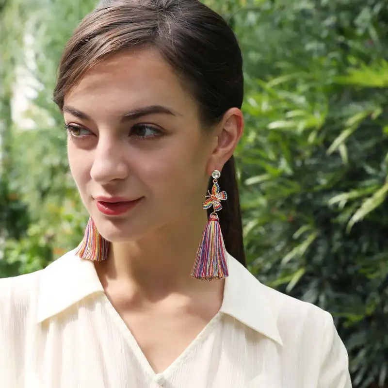 

E7697 ZWPON Colorful Crystal Butterfly Tassel Drop Earrings for Women Bohemian Tassel Long Earrings Jewelry Wholesale