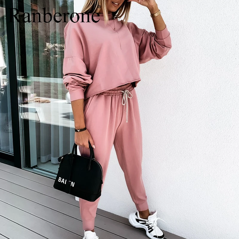 

Ranberone Women's Tracksuit Loose Solid Color Fitness Suit Round Neck Lace Up Jogging Two Piece Set Bicycles For Women 2020