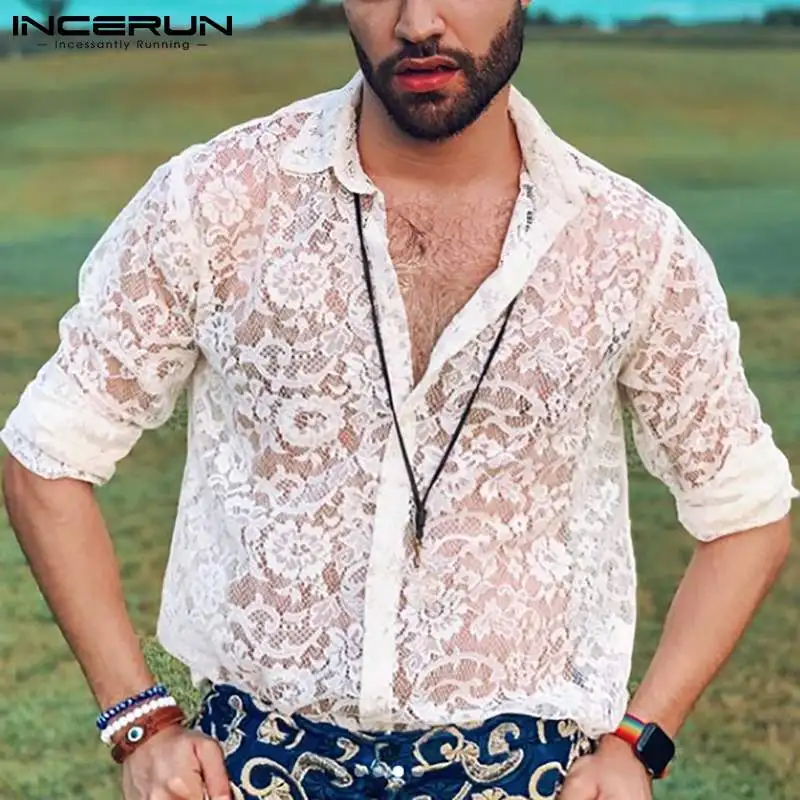

INCERUN Men Shirt Mesh Transparent Lace Lapel Long Sleeve Streetwear Sexy Party Nightclub Camisas 2021 Button Men Clothing S-5XL