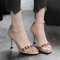sandals women mid heel summer slip on buckle ladies shoes pvc rhinestones buckle strap 6cm thin high heels round toe shallow