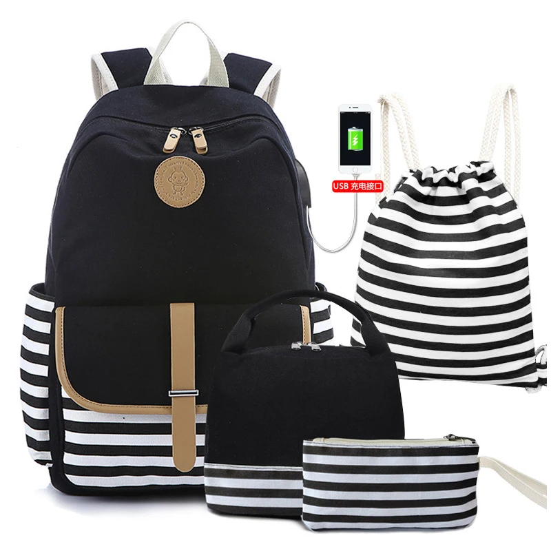 4 в 1, детский рюкзак, набор для девочек, холщовые книжные сумки, полосатые принты, рюкзаки для ноутбука, повседневный рюкзак для колледжа с су...