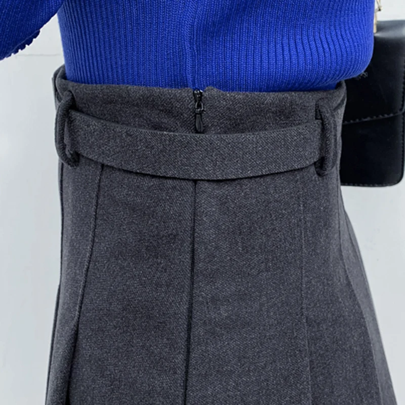 Женская плиссированная мини юбка с высокой талией шерстяная поясом зима