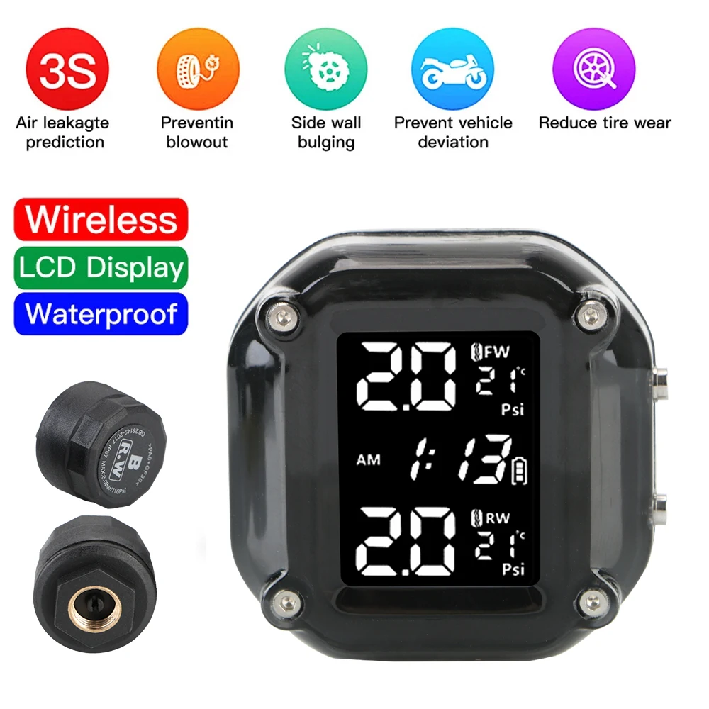 

Tyre Temperature With 2 External Sensors Motorcycle TPMS Motor Tire Pressure Monitoring Alarm System LCD Display
