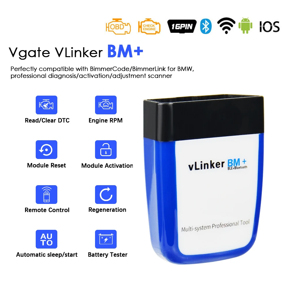 Автомобильный диагностический сканер Vgate vLinker BM + ELM327 V2.2 Bluetooth 4 0 Wi-Fi OBD 2 |
