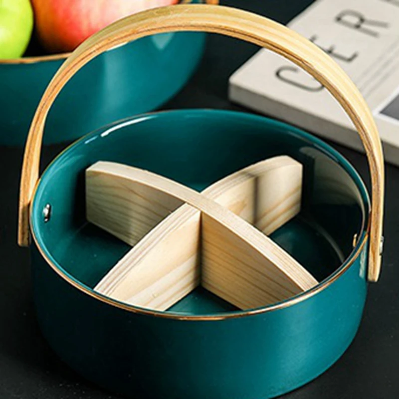 Creative Ceramic Dry Fruit Dessert Snack Tray with Bamboo Handle Home Compartment Bowl Living Room 4 Grid Storage Basket | Дом и сад