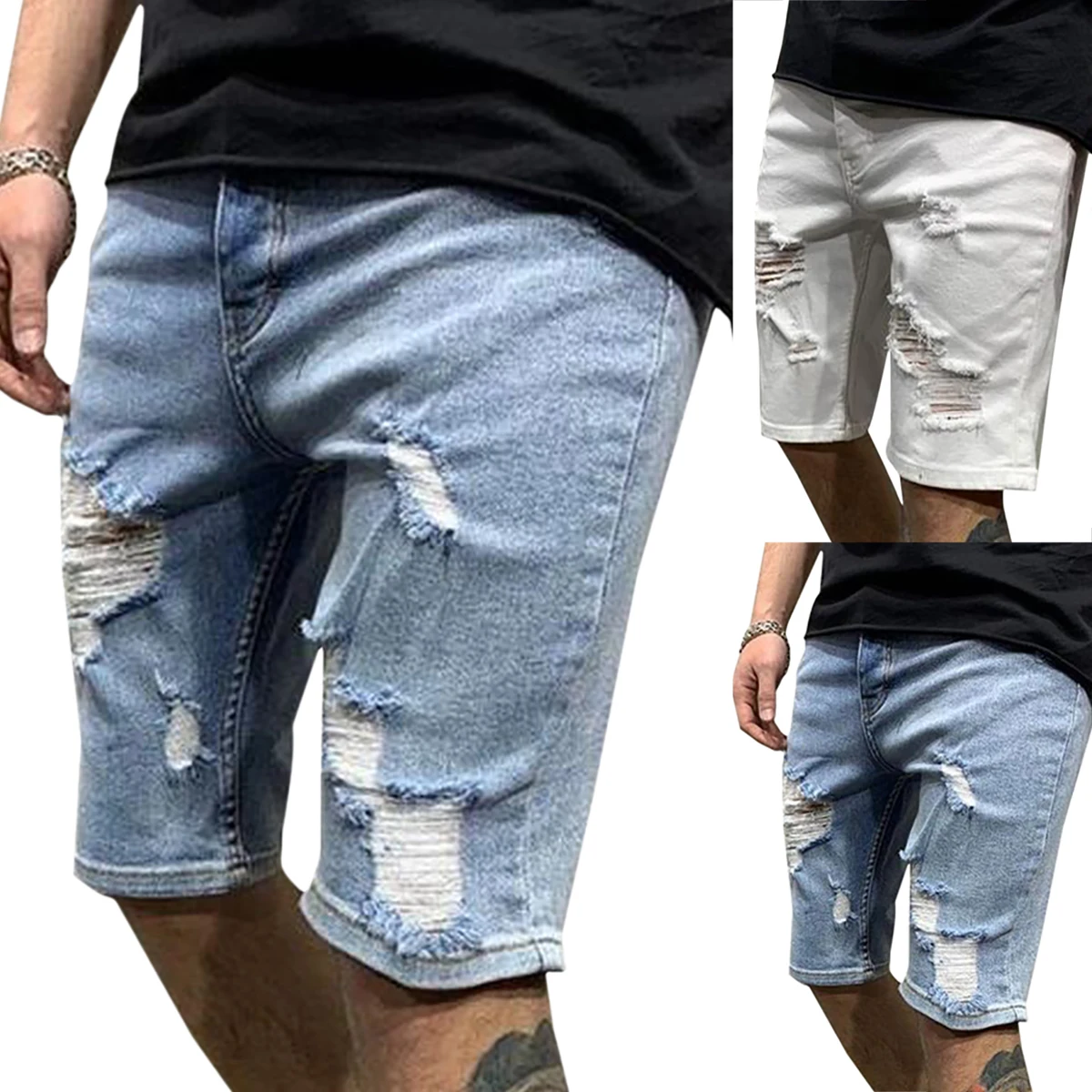 

Cofekate Mens Short Jeans Knee Length Ripped Denim Shorts Blue Straight Men Bottoms 2020 Summer Casual White Mens Short Jeans
