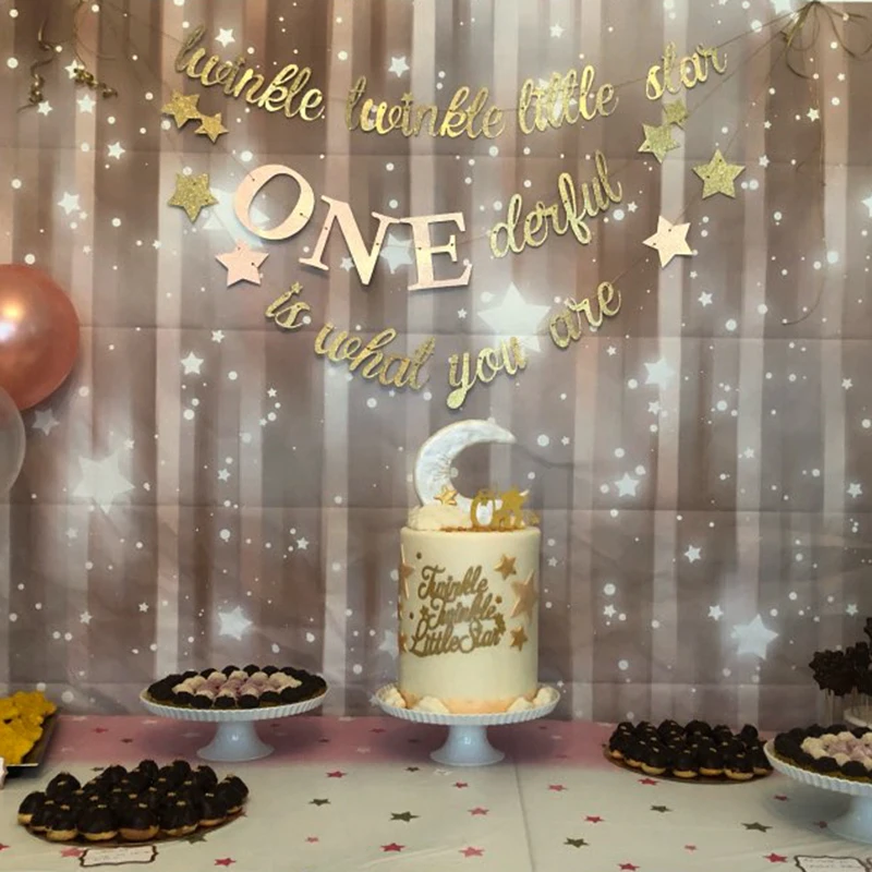 

Twinkle Little Star Bling Banner Baby Shower Garland Props Girl Princess One 1st Birthday Party Decoration for Girl Golden Star