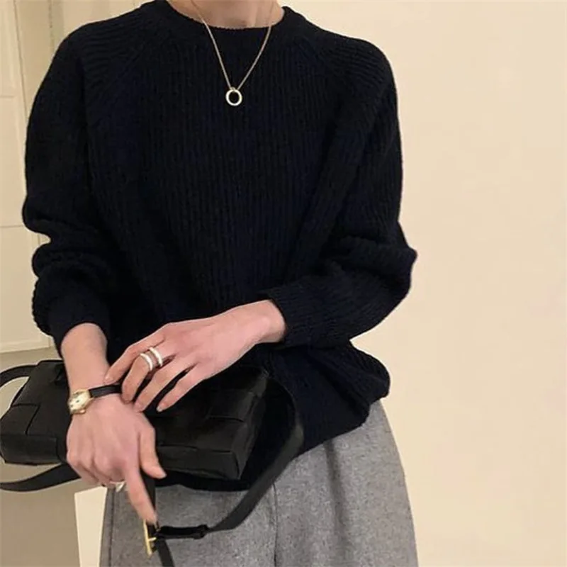 

Women's Pullover Sweater Solid O-Neck Ruffles Hem Knitted Tops Office Lady Waistband pit Knitting Sweaters Autumn Winter