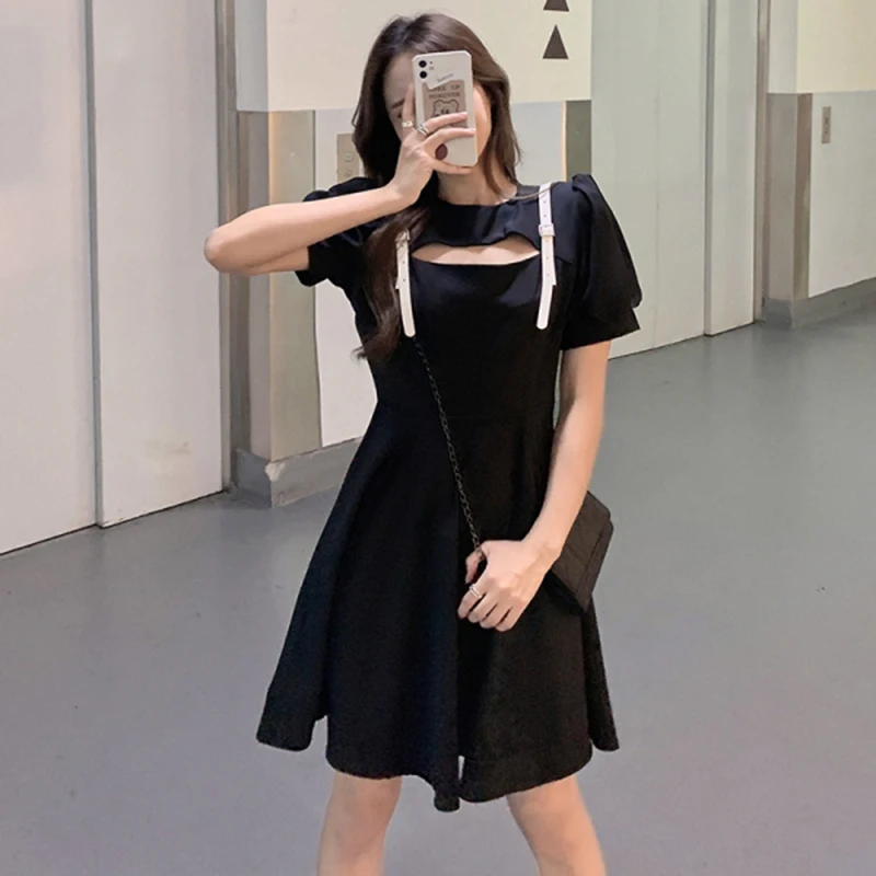 

Black Gothic Dress Women Summer Short Sleeve O-neck Hole Fashion Plus Size Dress 2021 Lady Evening Party Sexy Dress Female Mini