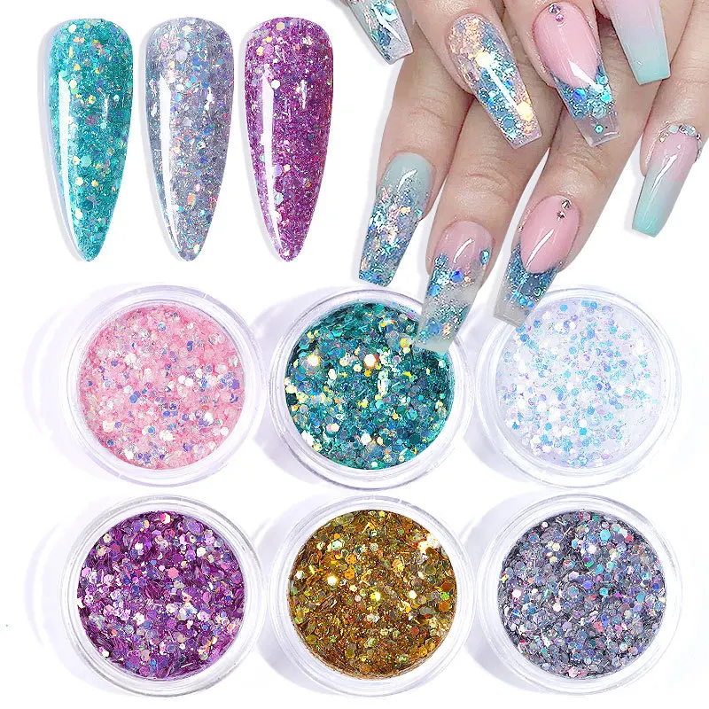 

6 Pcs/set Champagne Silver Gold Mixed Nail Glitter Powder Sequins Powder for Gel Nail Art Decorations Set INS Hot Style