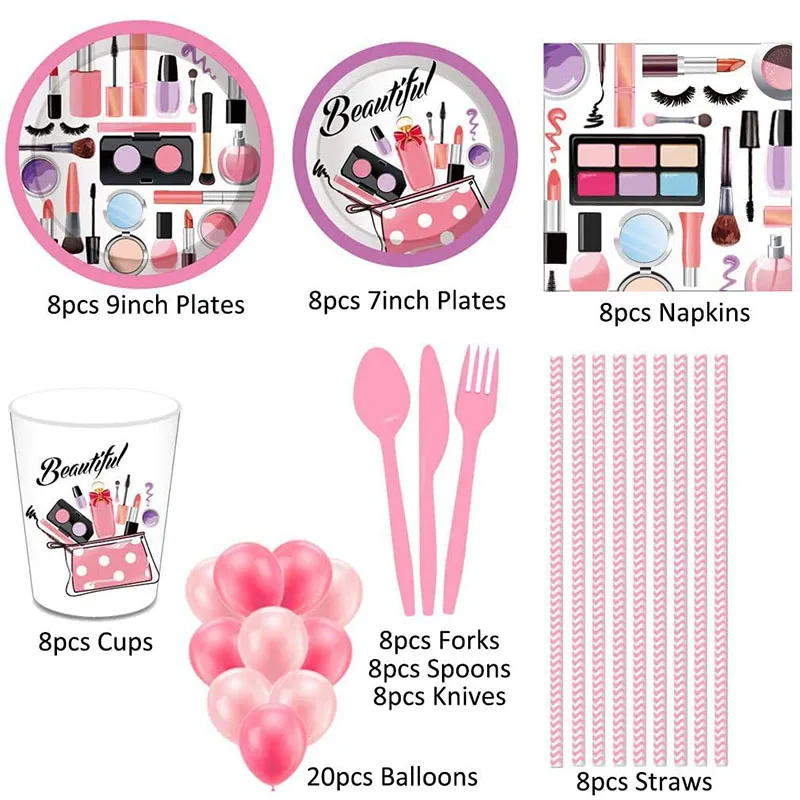 Spa Makeup Birthday Party Supplies Make up Disposable Tableware Plates Cups Napkins Balloons More for Girls Decoration set | Дом и сад
