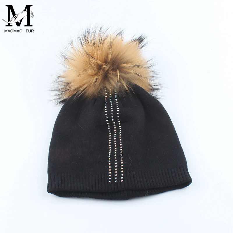 Hats For Girls Boys Lovely Rhinestone Real Fur Pompom Fashion High Quality Brand New Kids Caps Skullies Beanies | Аксессуары для