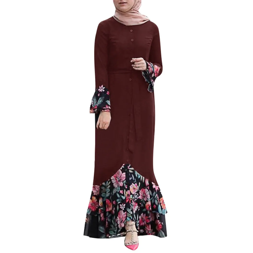 Red KLV Дубай Абая, для мусульман женщин нарядное платье в арабском стиле Vestidos с длинным рукавом цветочный принт Макси платье хиджаб платье без рукавов Турецкая одежда - Цвет: Red