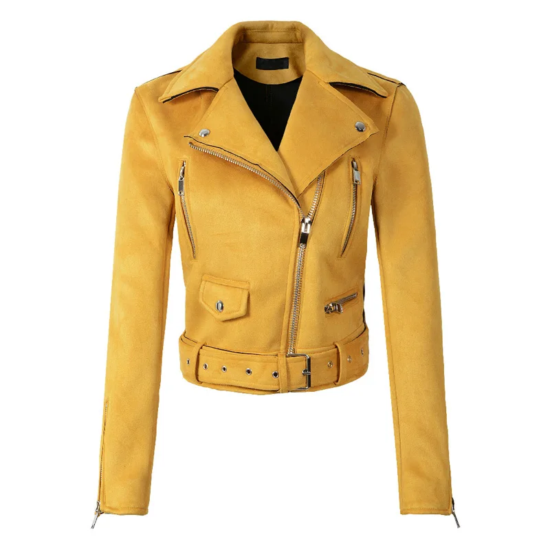 

Ly Varey Lin Women Faux Soft Leather Suede Jacket Coat Biker Lady Turn-down Collar Zipper Short Jacket Pink Green Yellow Coats