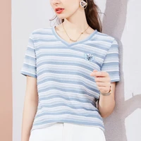bow badge t shirt women striped t shirt cotton short sleeve woman clothes fashion 2021 summer tops korean style tee shirt femme