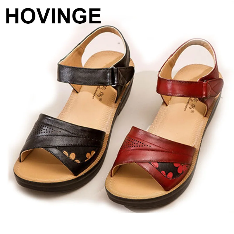 

HOVINGE High Quality Summer Women Sandals Genuine Leather Soft Casual Sandals Ladies Flat Comfortable Mother Shoes Woman Shoes