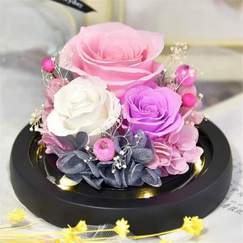 

Natural Eternal Rose Under Bell Glass Lid Hearts Peach Flowers With Three Roses Never Faded For Valentine's Day Girlfriend Gift
