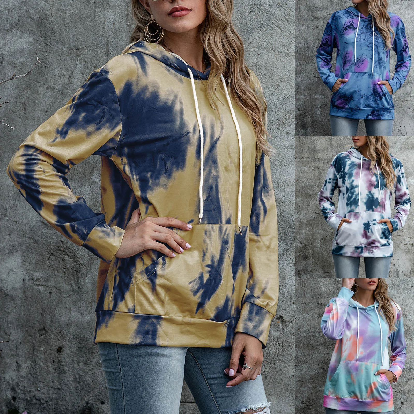 

FREE OSTRICH Womens O-neck Tie Dyed Printing Sweatshirt Ladies Tops Long Sleeves Hood Socket Pullover Blouses Tops Camisas Top