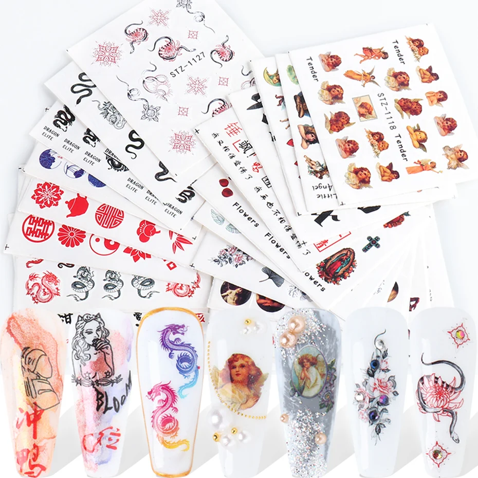 24 шт наклейки для ногтей набор дракон Ангел змея абстрактный Готический слайдер