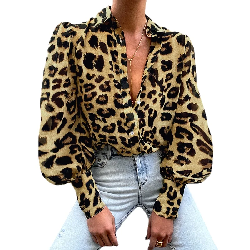 

European and American Style 2021 Autumn New Texture Leopard-Print Shirt Sexy Leopard Print Puff Sleeve Shirt Women