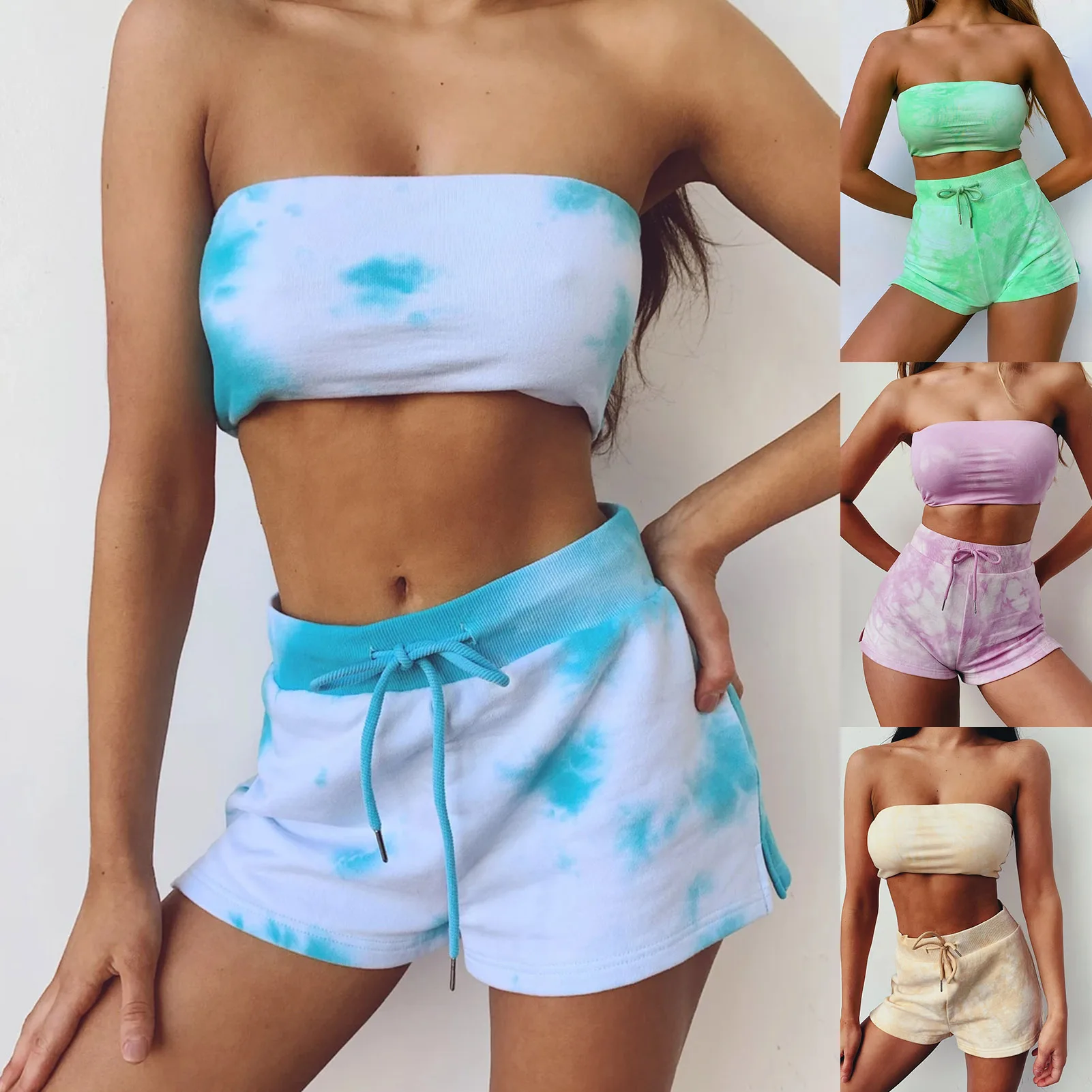 

2021 New Sexy Outfits for Women 2 Piece Sets Tie Dye Outfits Tube Crop Top Two Piece Outfits Ladies Tracksuit Sets