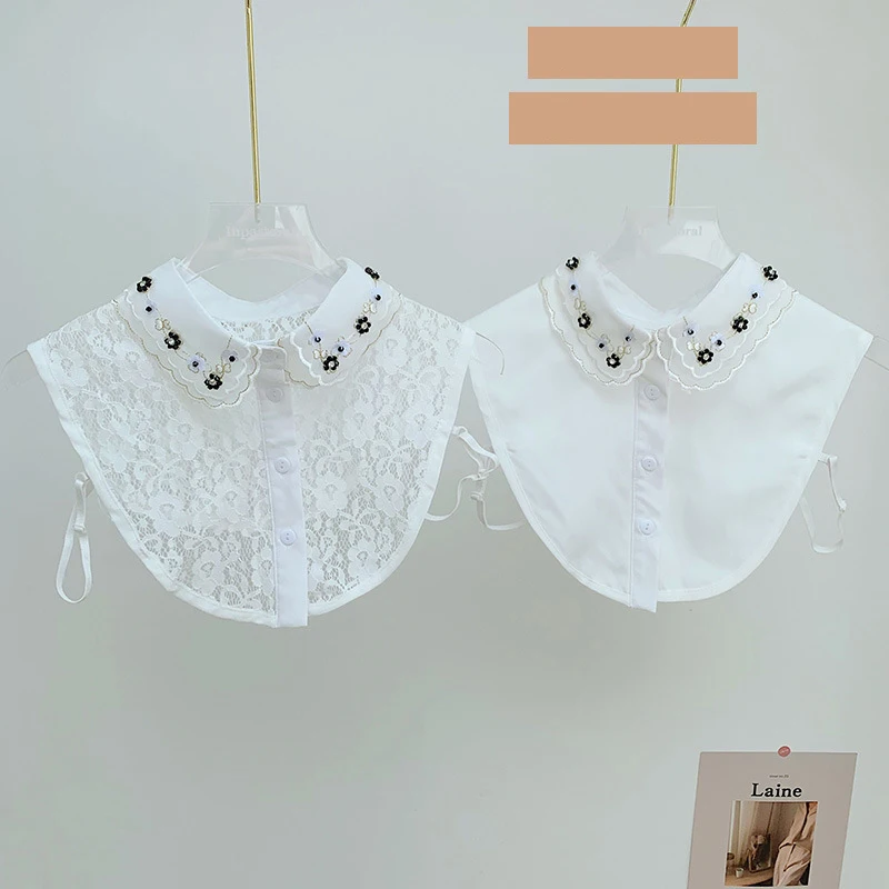 

Sitonjwly Vintage Floral Beads Fake Collar for Women Lace Shirt False Collar Decoration Detachable Collar Lapel Blouse Top Tie